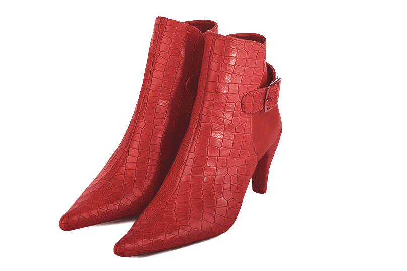 Scarlet red women's ankle boots with buckles at the back. Pointed toe. High slim heel. Front view - Florence KOOIJMAN